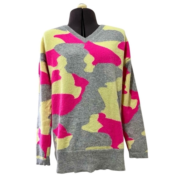 Pure Amici 100% Cashmere Bright Camo Print V Neck Sweater Size XS - Picture 2 of 7